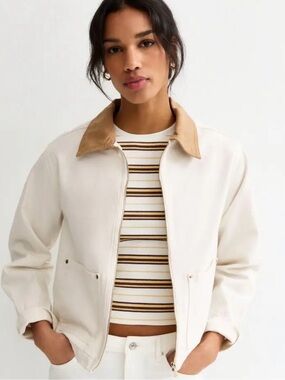 H&M Cream Bomber Jacket with Tan Collar